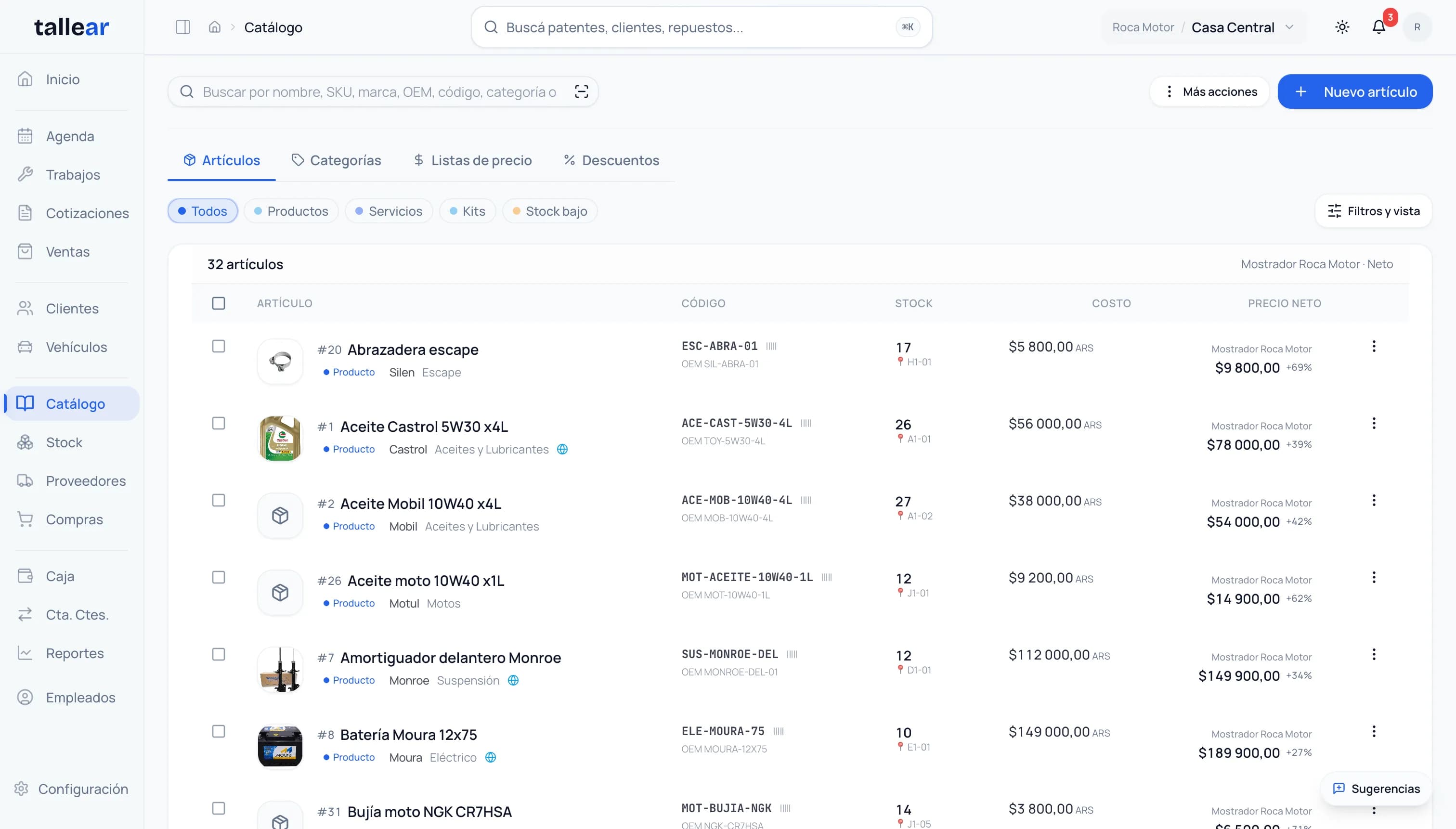 Catálogo de productos en Tallear — artículos con fotos, stock y precios