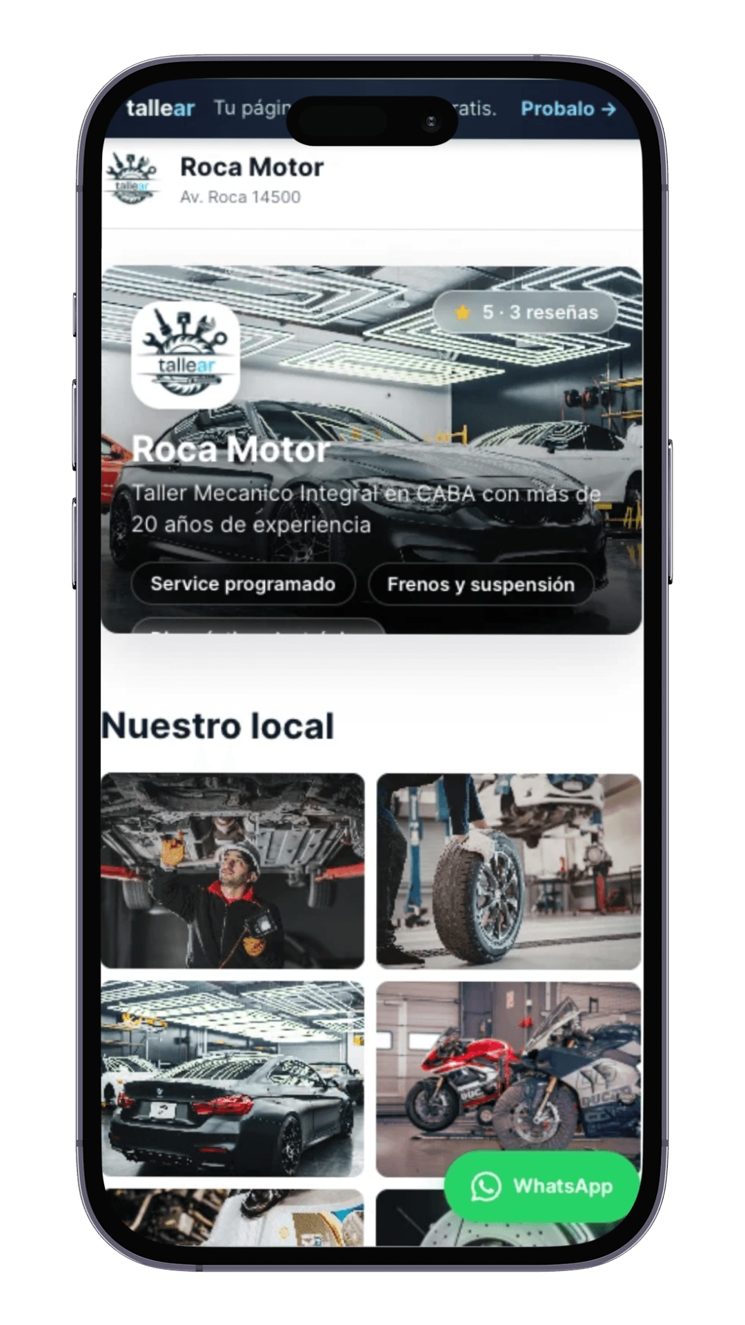 Sitio público del taller en celular