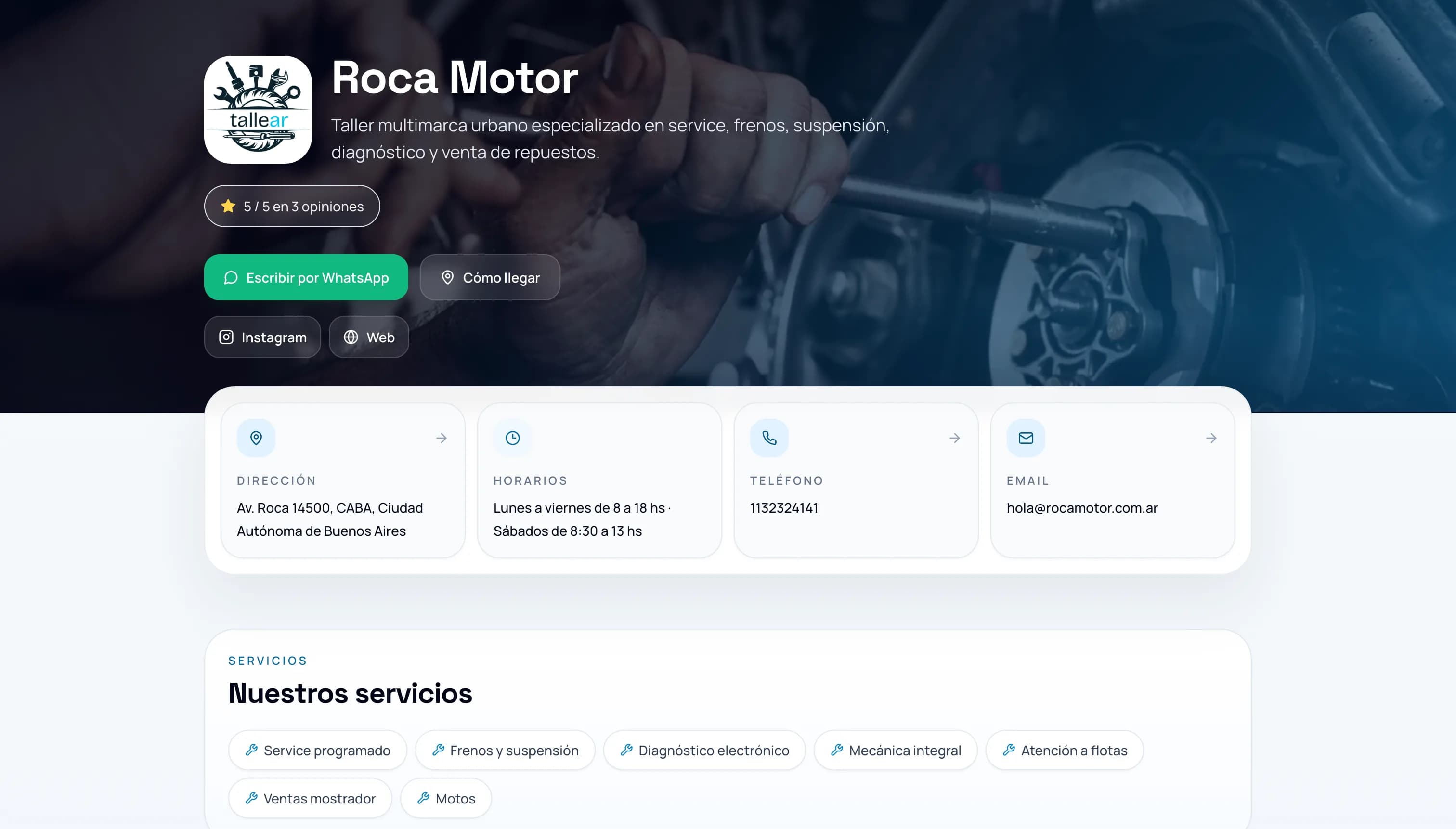Página web del taller — hero con logo, servicios y botón de WhatsApp
