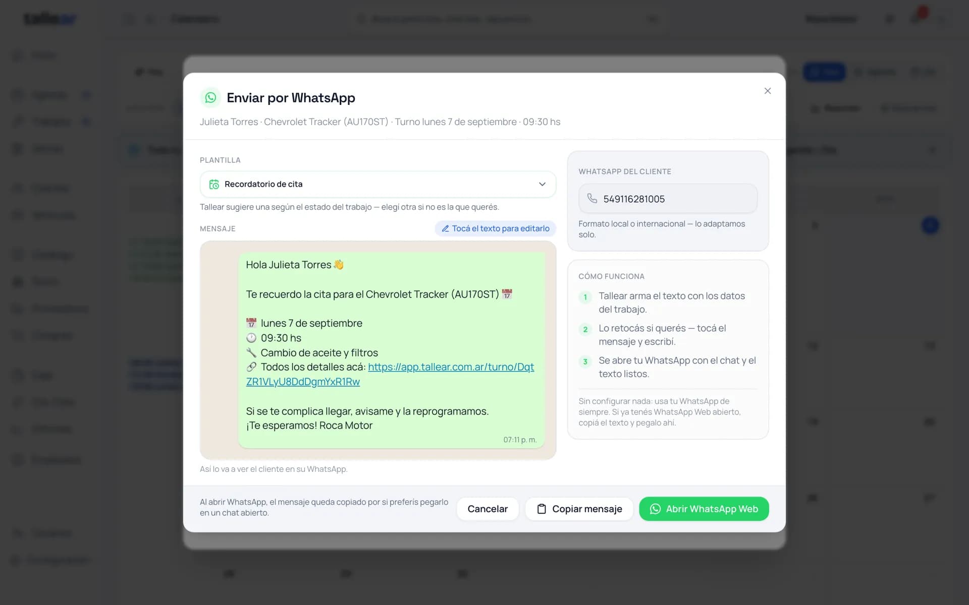 El mensaje de WhatsApp con la cita y el link, armado antes de mandarlo