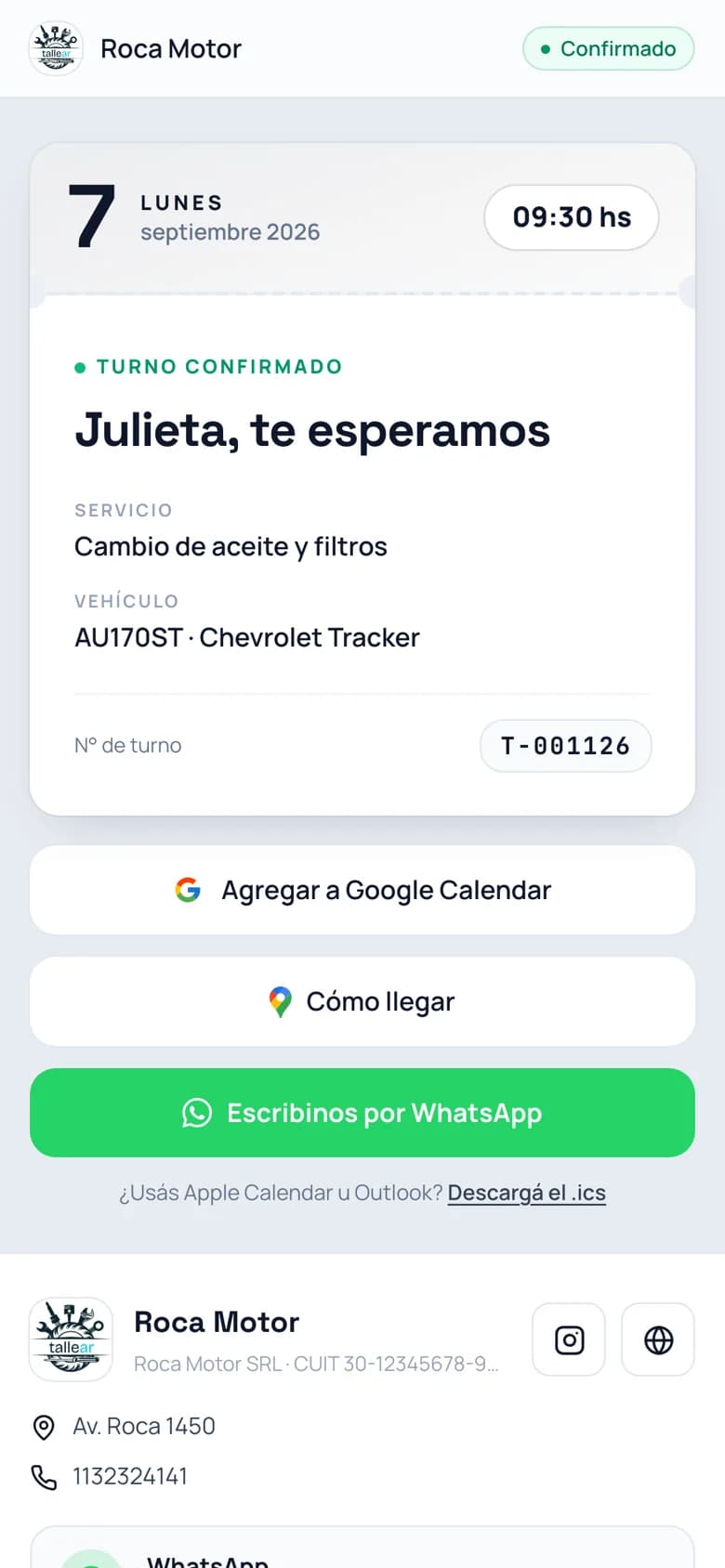 La cita confirmada como la ve el cliente en su celular