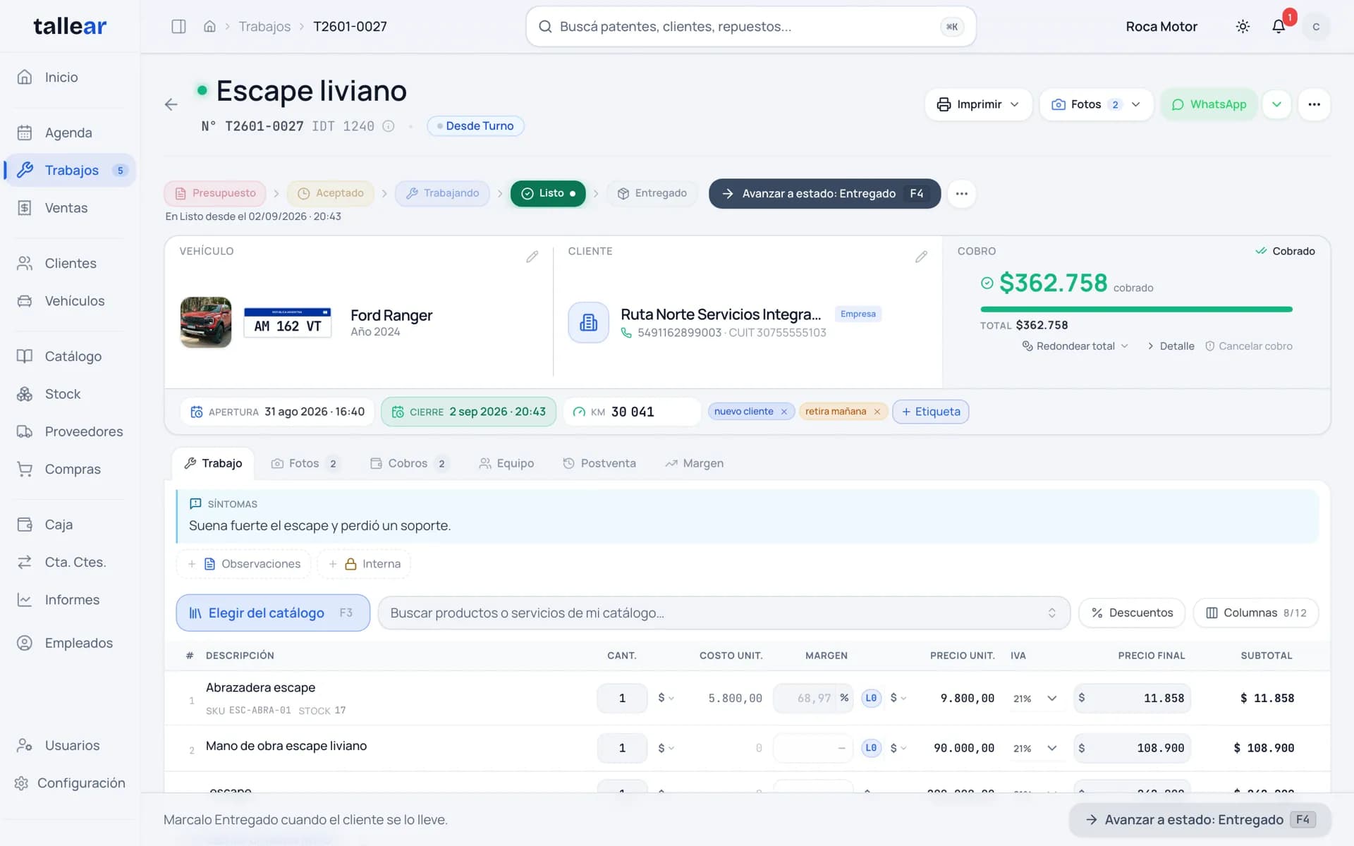 Un trabajo listo para entregar, con sus etapas, el vehículo, el cliente y el cobro en Tallear