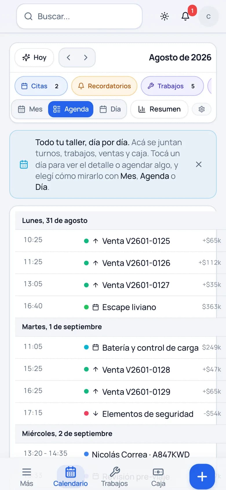 La agenda del día en el celular: los turnos, los trabajos y las ventas de cada jornada en una lista.