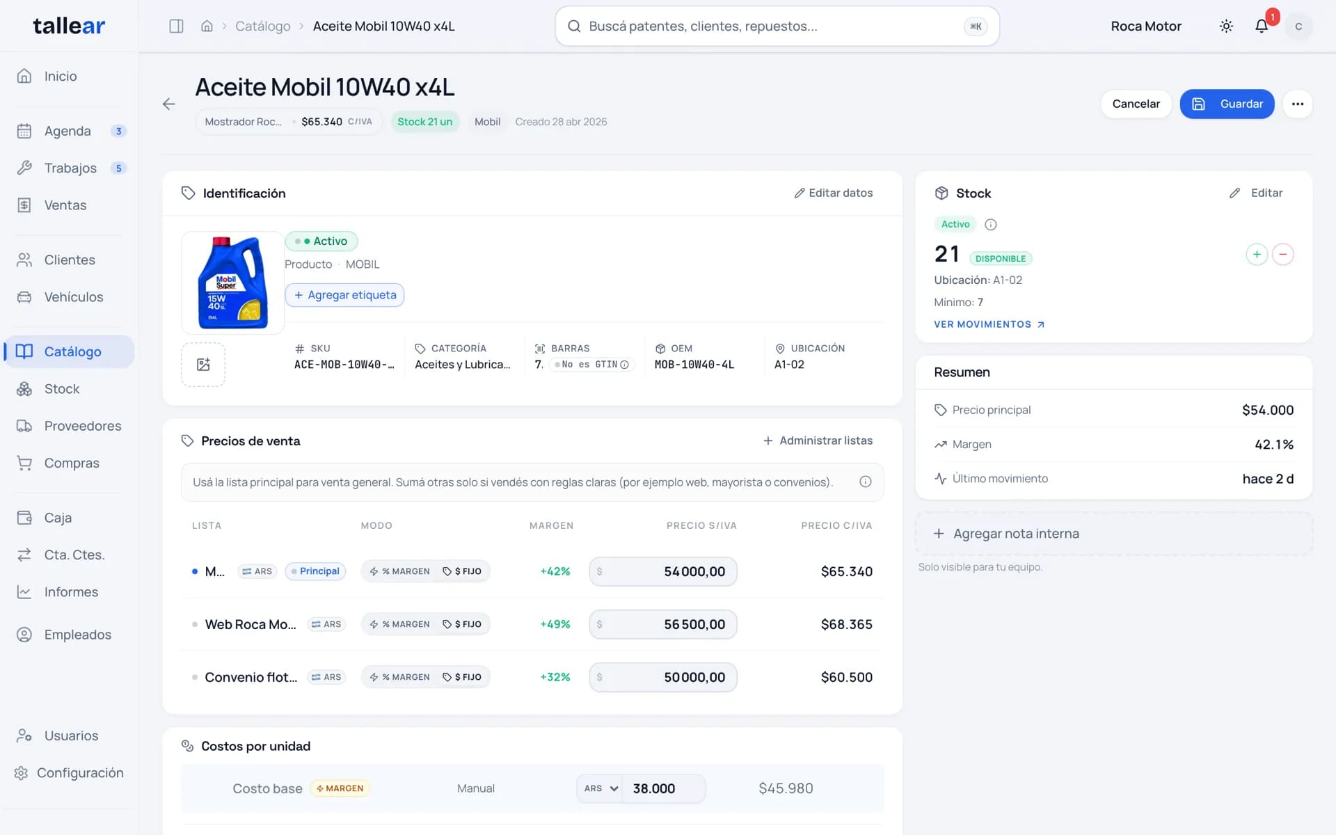 La ficha de un repuesto en Tallear con su precio, su punto de reposición y el stock que queda.