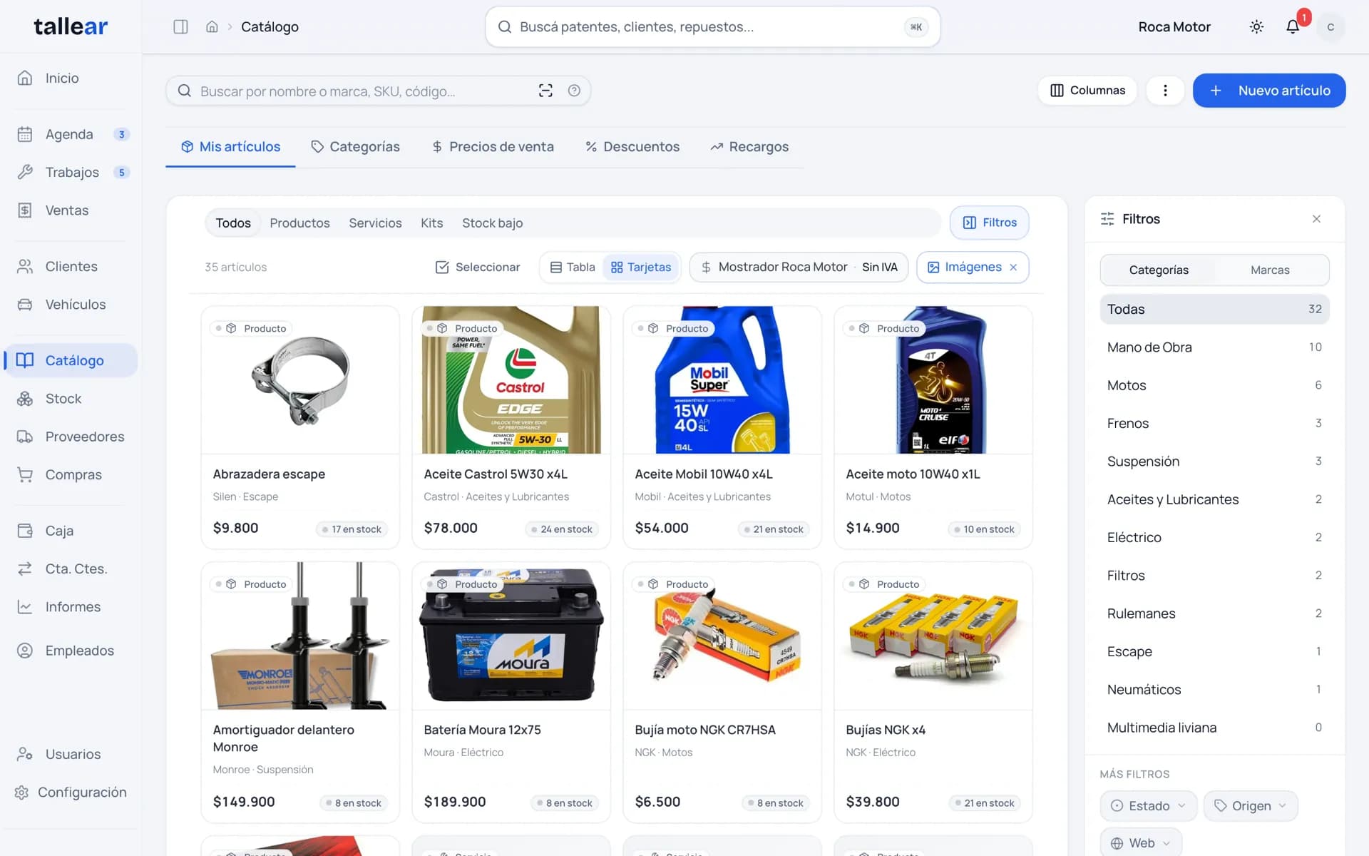 El catálogo de Tallear en vista de tarjetas, con la foto de cada repuesto, su precio y su stock.