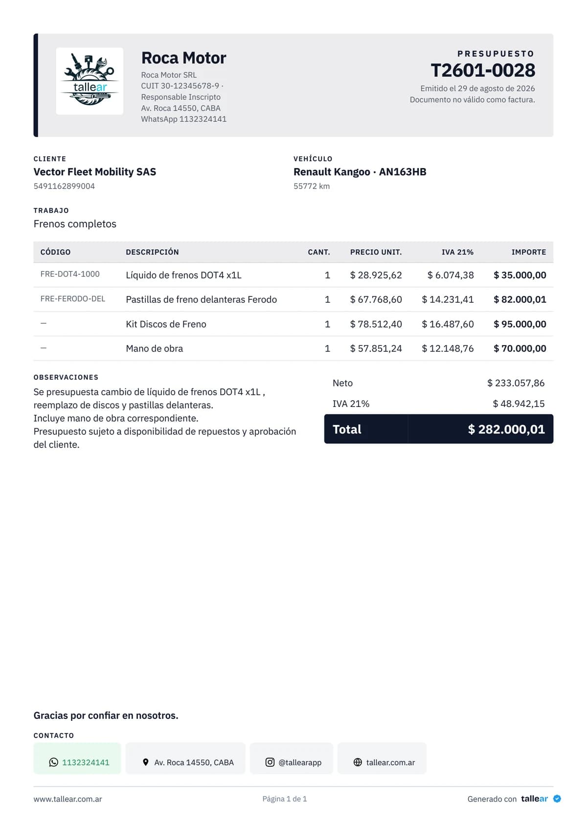 El presupuesto impreso con el logo del taller, sus datos fiscales y el detalle de los repuestos y la mano de obra.