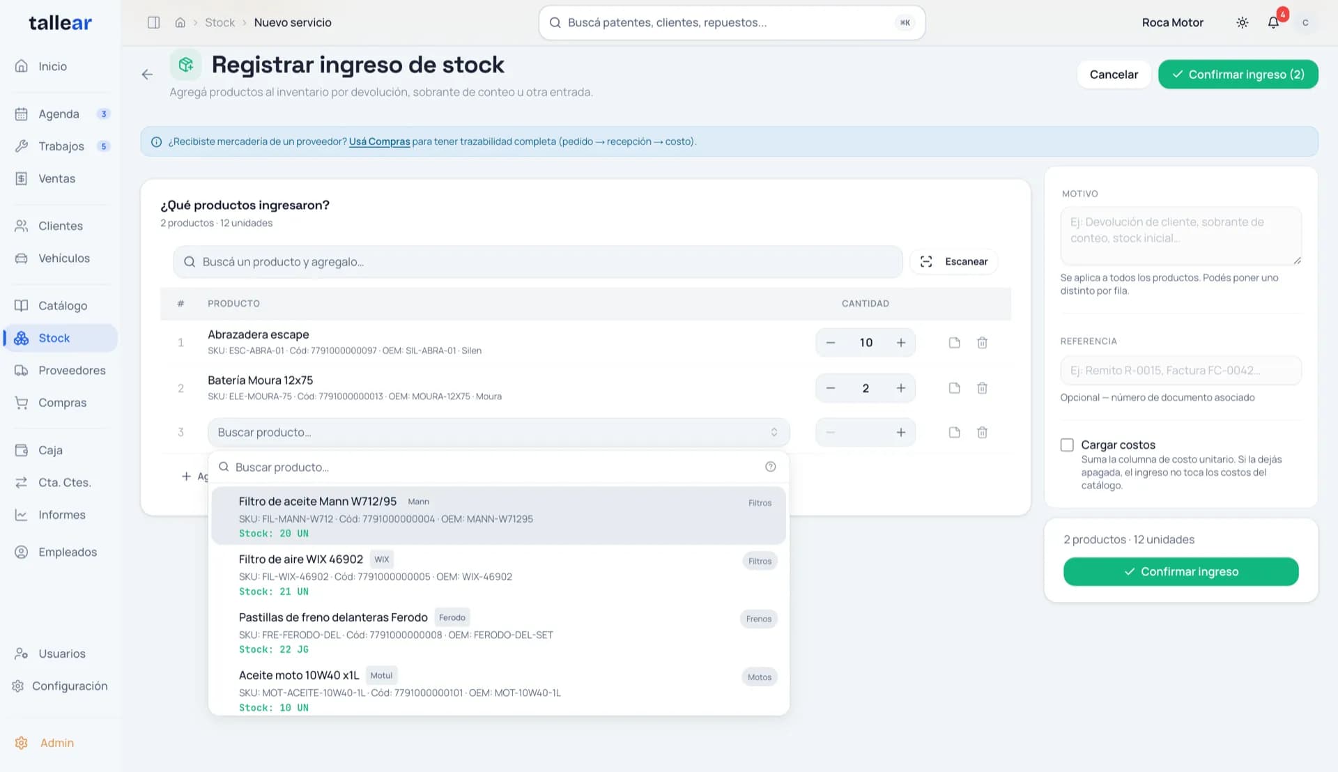 Registrando un ingreso de mercadería en Tallear: se busca el producto, se pone la cantidad y se elige si el ingreso actualiza el costo.